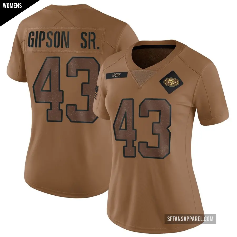 Women's San Francisco 49ers ＃43 Tashaun Gipson Sr. Brown Limited 2023 Salute To Service Jersey