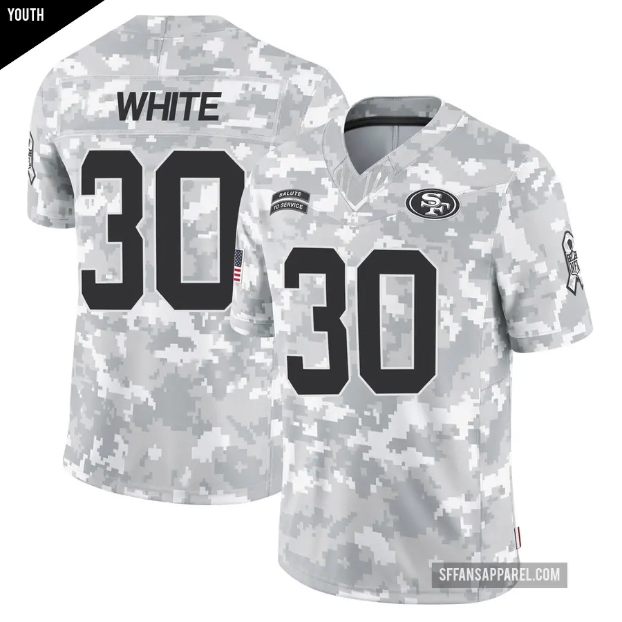Youth San Francisco 49ers ＃30 Zamir White Arctic Camo Limited 2024 Salute to Service Jersey